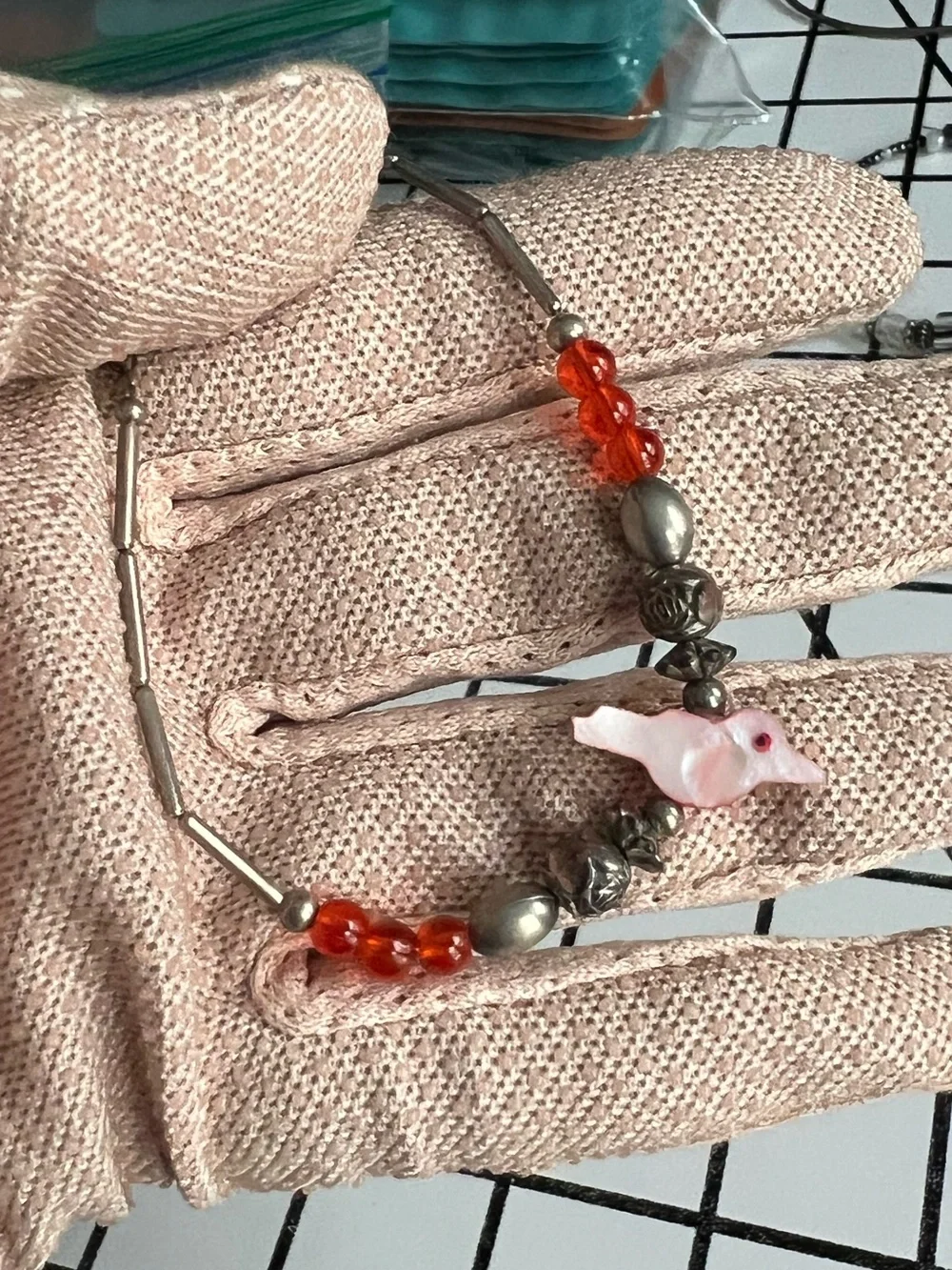 Vintage Southwestern Liquid Silver Pink Mother of Pearl Bird Fetish Bracelet